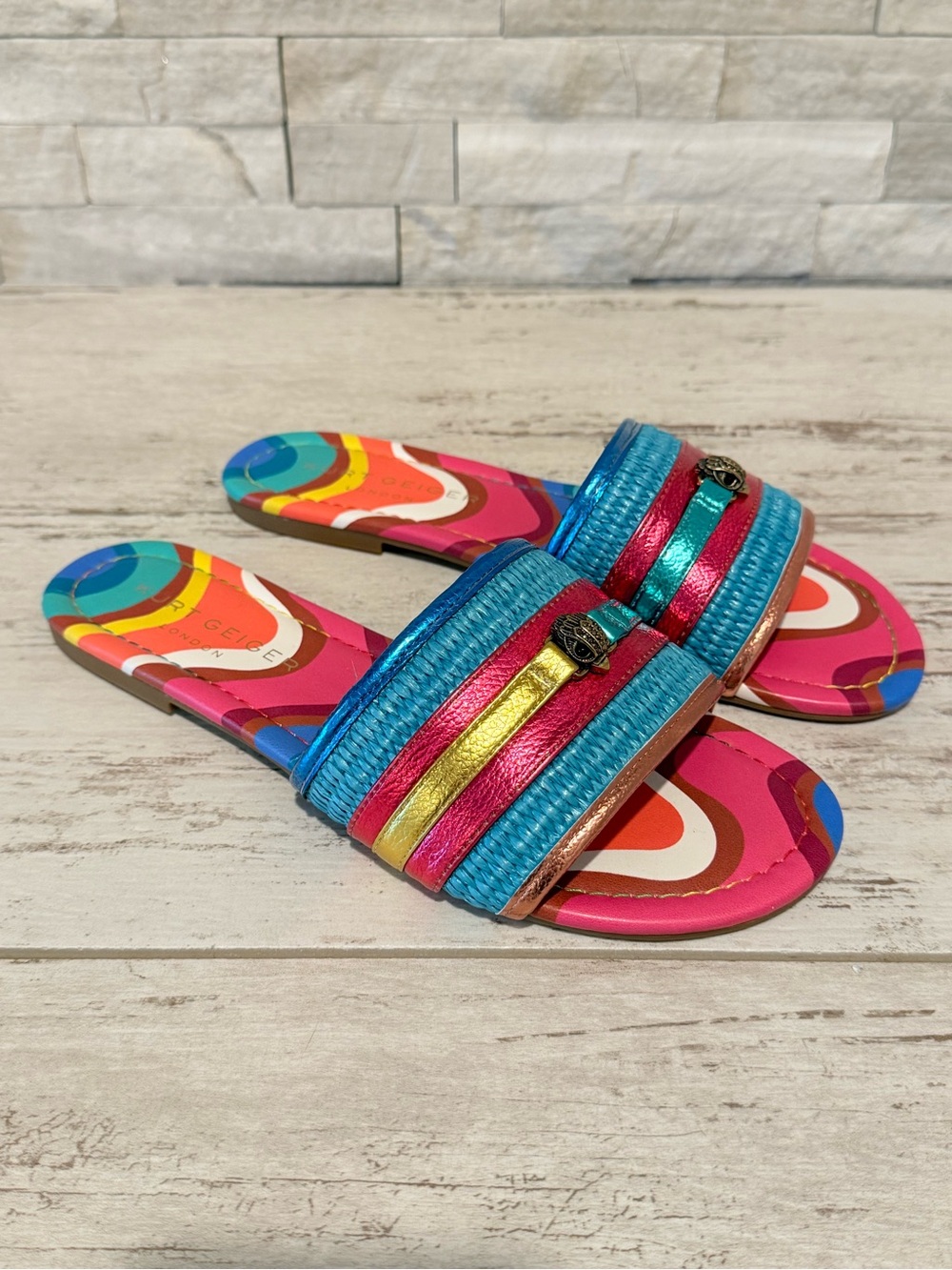 Kurt Geiger SOUTHBANK FLAT SLIDE RAFFIA SANDALS Multicolor New Size 39 EU-8.5US